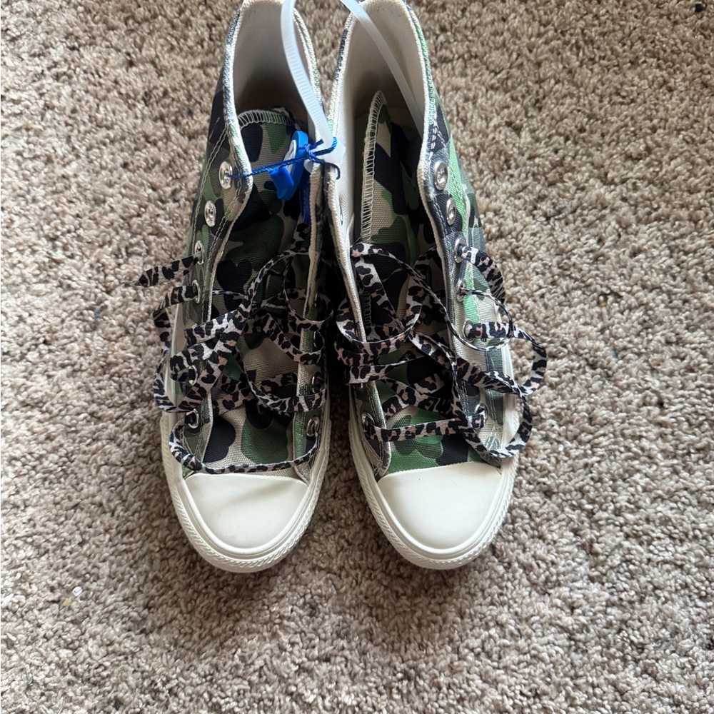 Camouflage High-Top Sneakers with Leopard-Print Laces